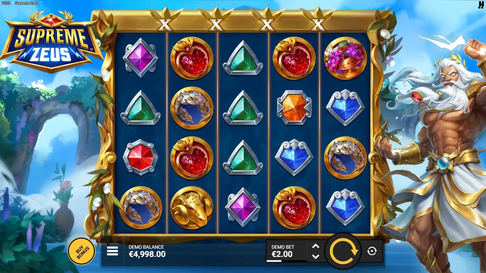 Supreme Zeus slot gameplay showing 5x4 Ways grid with gemstone medallion and gold ram symbols