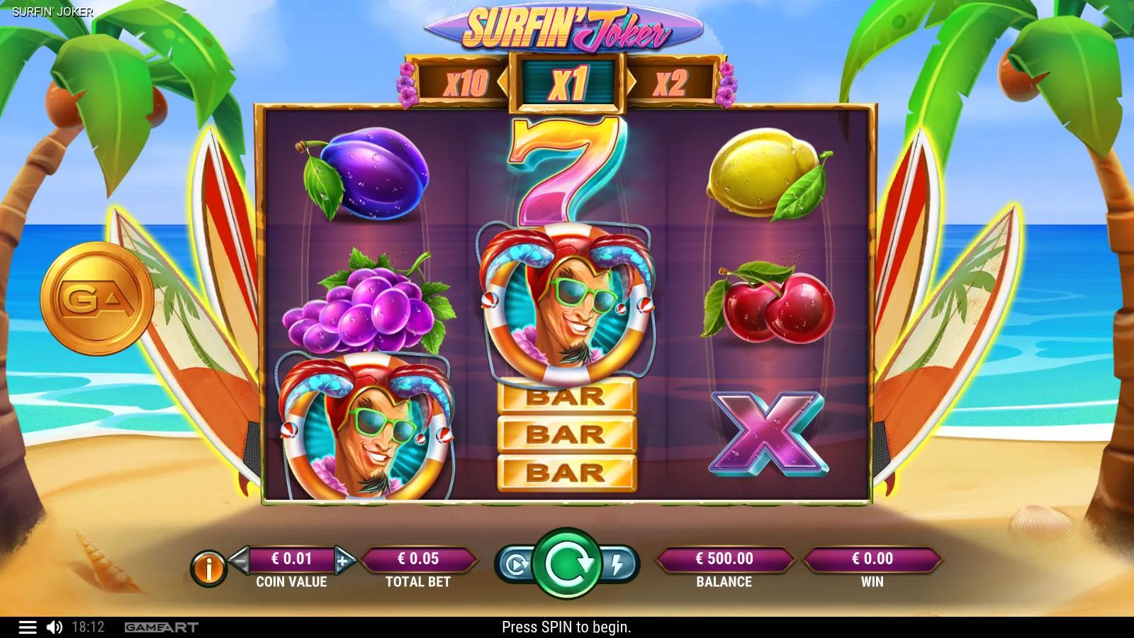 Surfin' Joker slot gameplay showing the 3x3 beach grid with fruit, BAR, lucky 7 and surf Joker Wild symbols beside a multiplier ladder