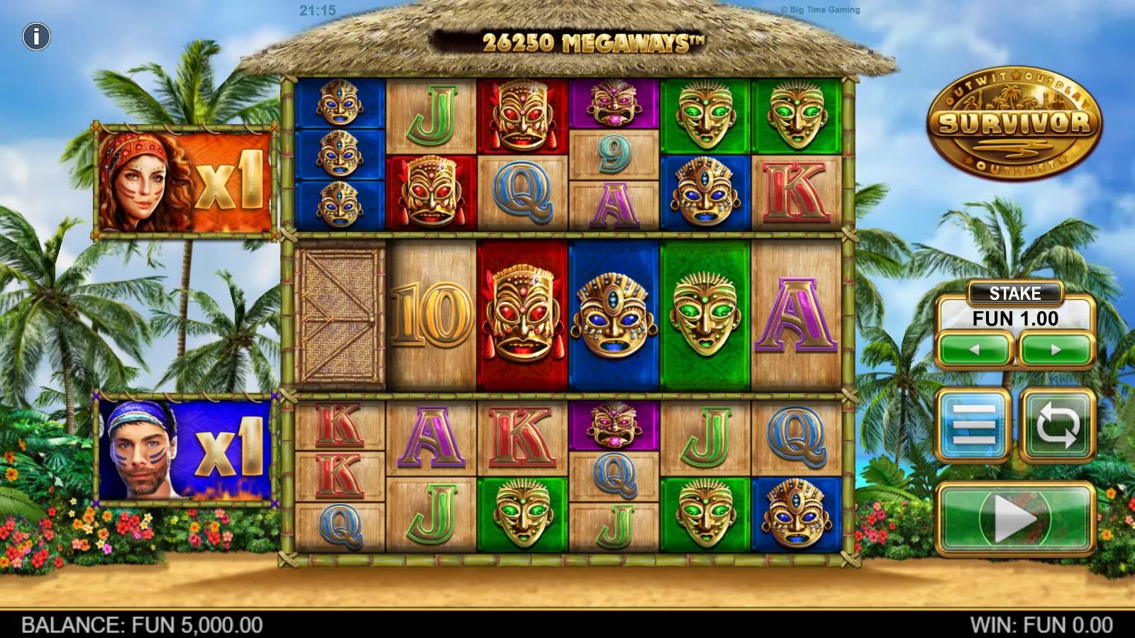Survivor Megaways slot base game showing carved tribal-mask symbols and survivor Wild-multiplier characters on a tropical beach