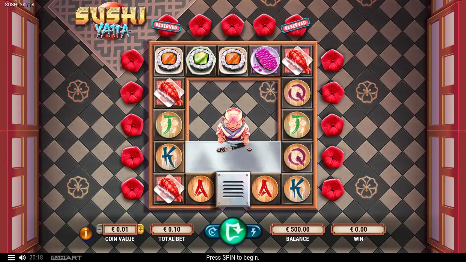 Sushi Yatta slot gameplay showing the 1x15 conveyor-belt ring of sushi and card-royal symbols around a central chef with customer seats
