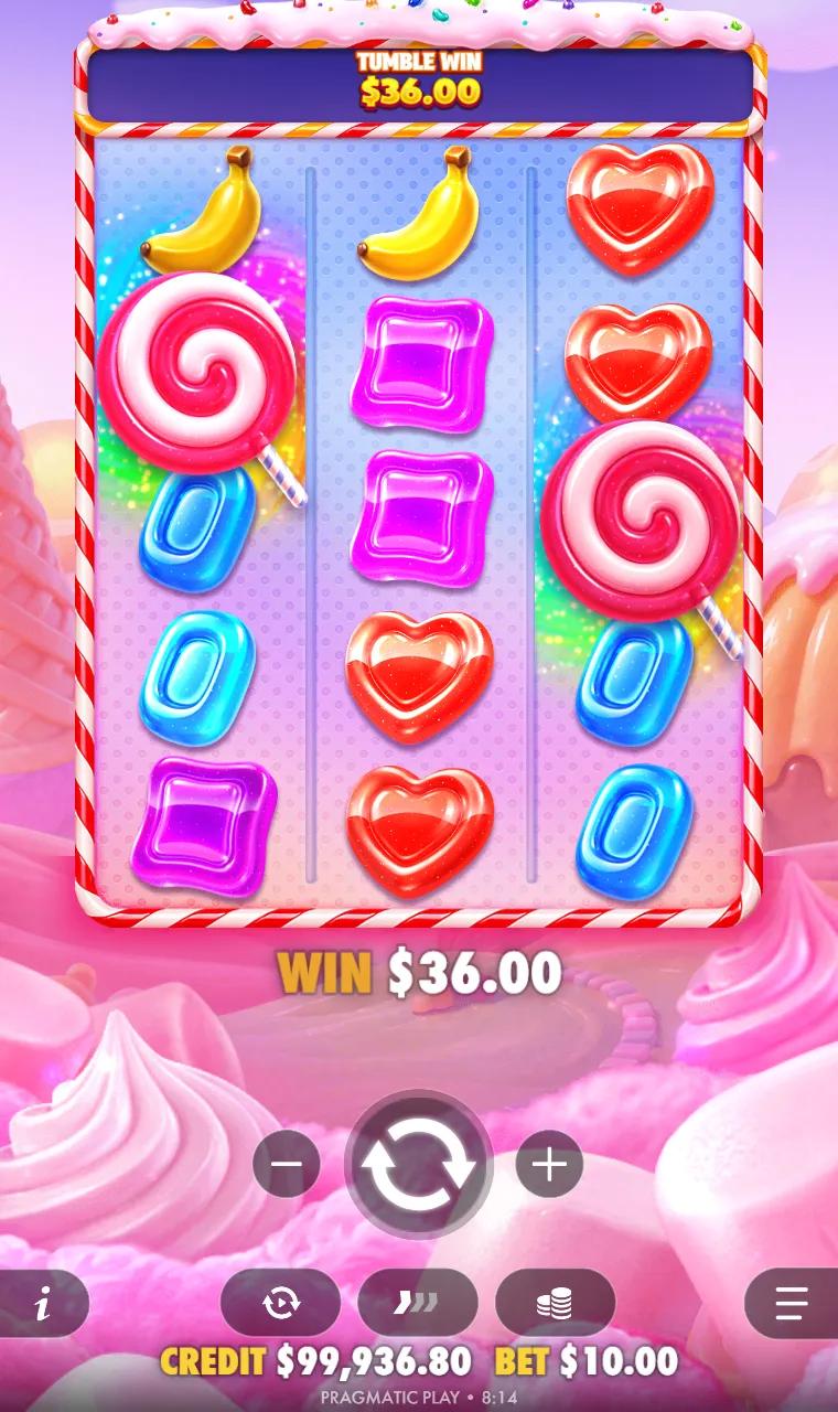 Sweet Bonanza POP's 3x5 candy grid with two lollipop scatters and a tumble win paying out