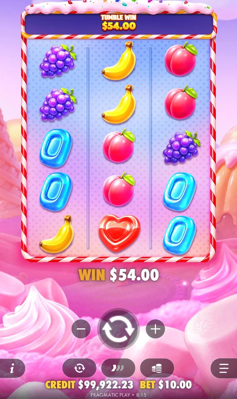 Sweet Bonanza POP 3x5 grid at the end of a seven-tumble chain, the longest of the session