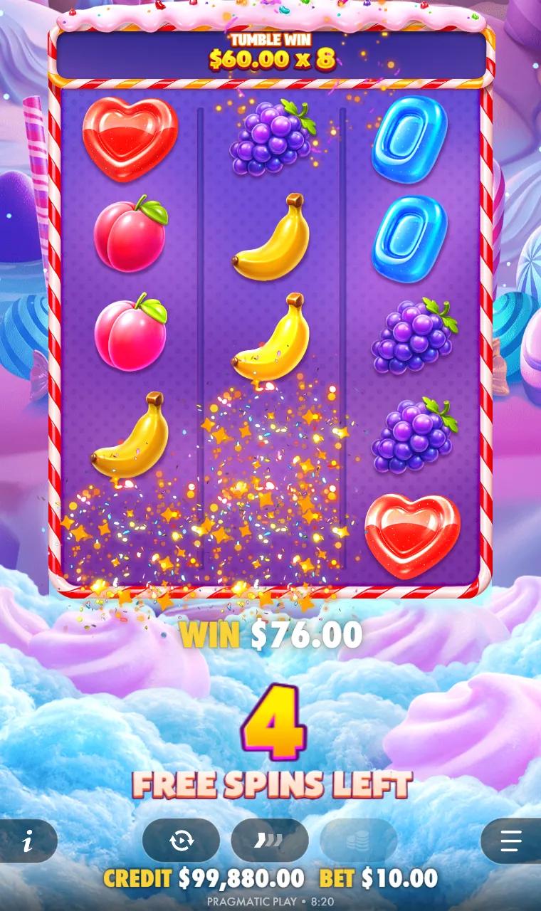 Sweet Bonanza POP applying a combined x8 multiplier from three cupcake bombs to a free spins tumble chain