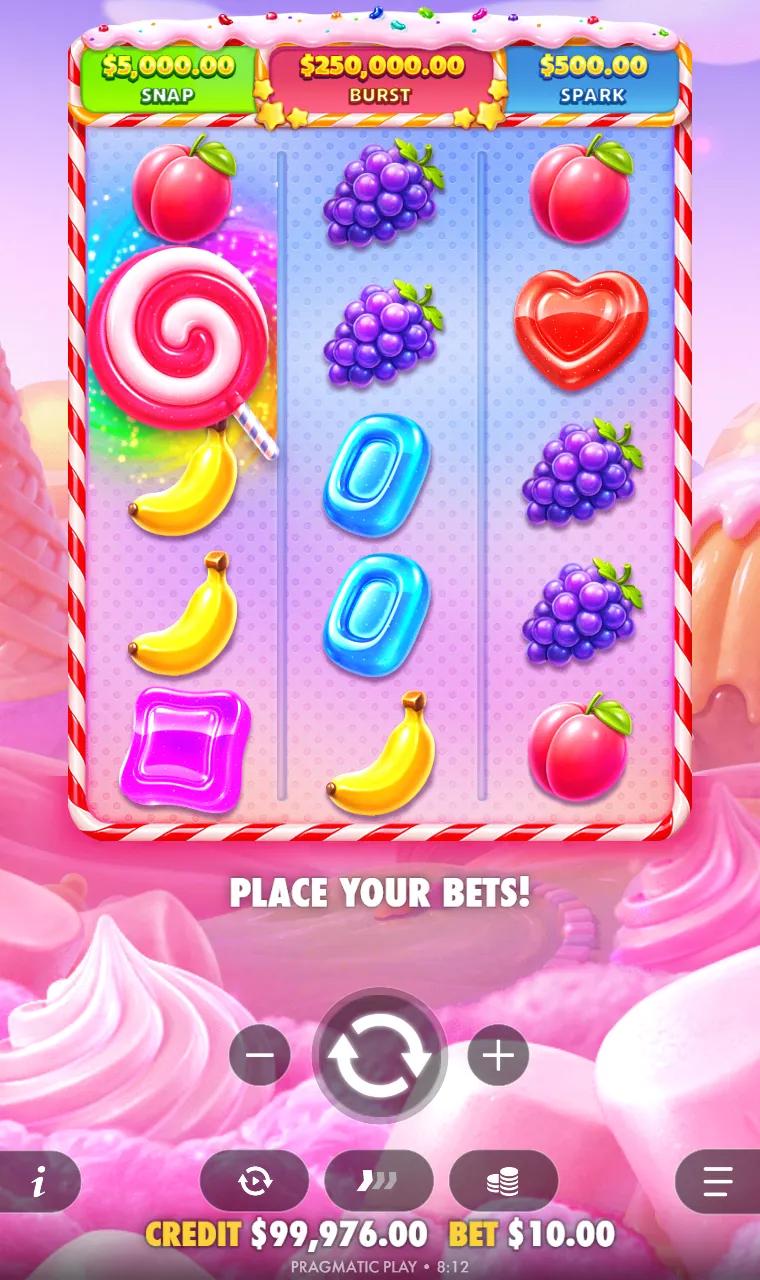 Sweet Bonanza POP 3x5 grid with one lollipop scatter that pays nothing, under the SNAP, BURST and SPARK prize bar