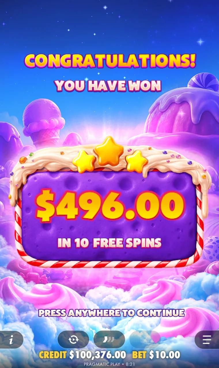 Sweet Bonanza POP free spins round closing at 496.00 from ten spins at a 10.00 stake
