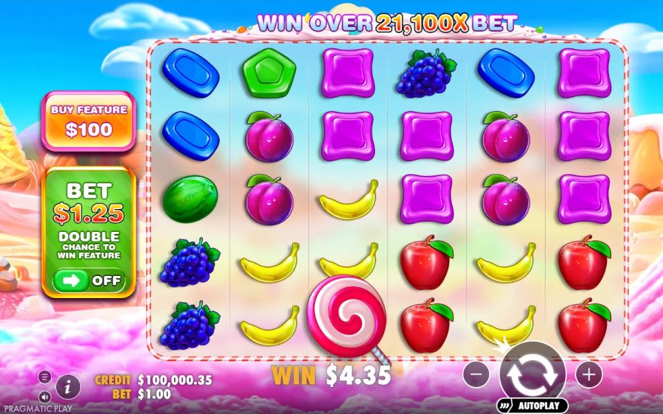Sweet Bonanza 6x5 candy and fruit board at the end of a base-game tumble, with the 4.35 win shown under the reels and the Buy Feature and Ante Bet panels on the left