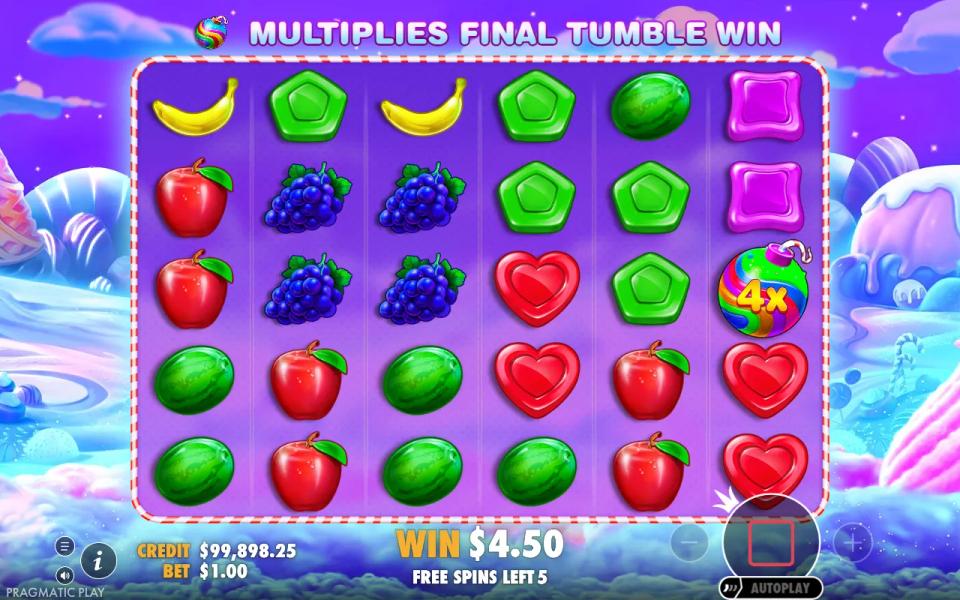 Sweet Bonanza free-spins board with a single 4x rainbow multiplier bomb on the right edge and no winning cluster anywhere on the grid