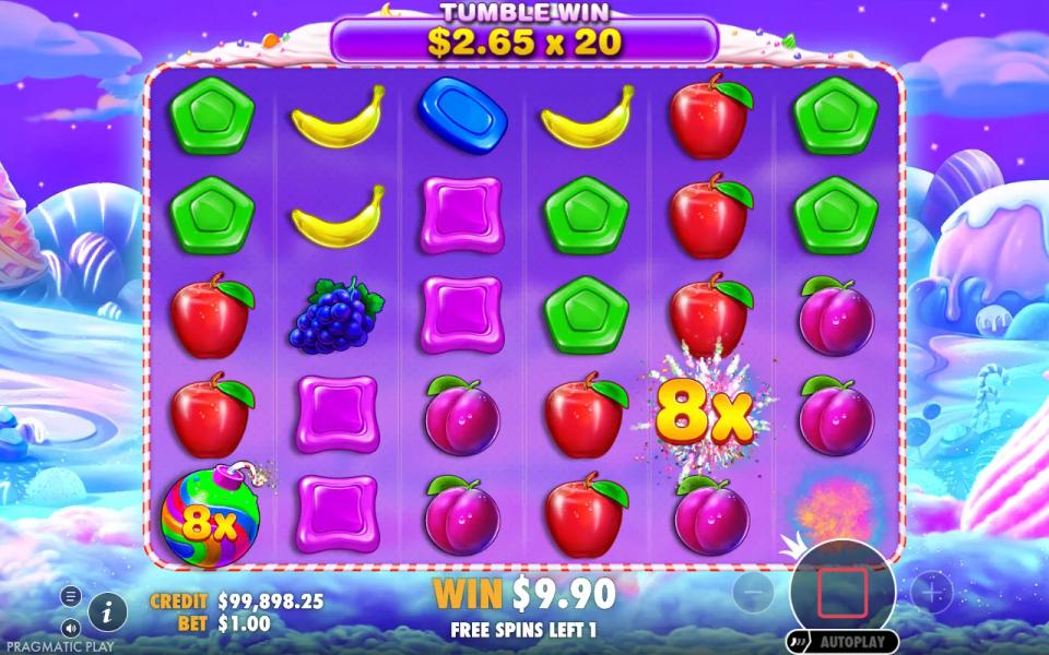 Sweet Bonanza free spin showing a tumble win of 2.65 times 20 while two 8x multiplier bombs are being added to the total