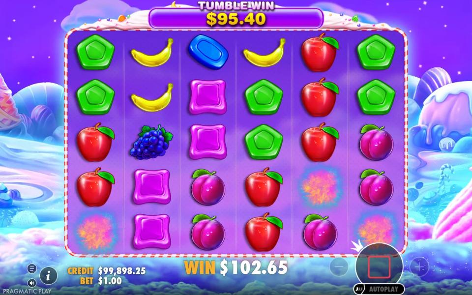 Sweet Bonanza free spin nine paying a 95.40 tumble win after its multipliers were applied, taking the round's total to 102.65