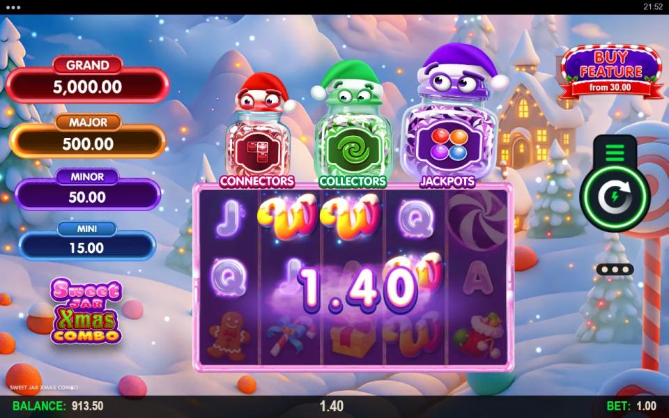 Sweet Jar Xmas Combo base game with red, green and purple jars in Santa hats above the reels and the Grand, Major, Minor and Mini jackpots on the left