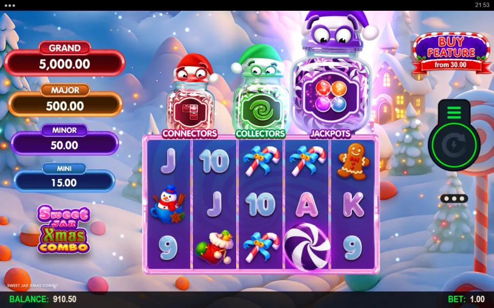The purple Jackpots jar lighting up above the reels after a single purple candy lands on reel four