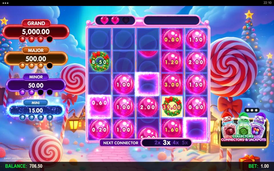The 150x all-features round with collect wreaths on the board, the Mini jackpot full and the Grand and Major meters at three of four
