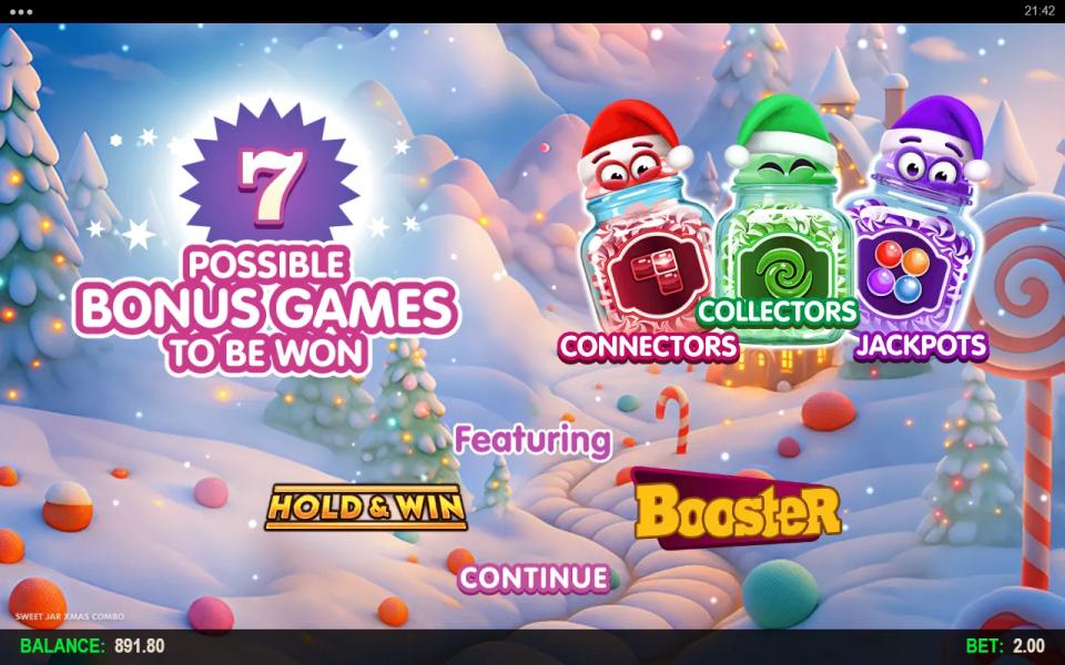 Sweet Jar Xmas Combo splash screen showing the Connectors, Collectors and Jackpots jars and seven possible bonus games