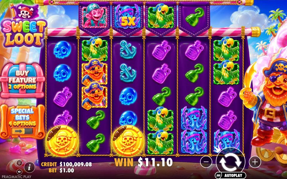 Sweet Loot base game: a 6x5 board of candy pirate symbols under a four-cell top row with a 5x multiplier, two gold scatter coins and a 11.10 win after a tumble chain