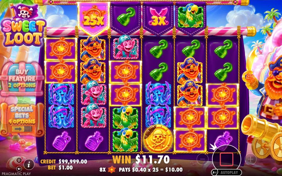 Eight ship wheels framed as a win, one of them in the top row carrying a 25x multiplier, the bar reading 8x pays 0.40 x 25 = 10.00