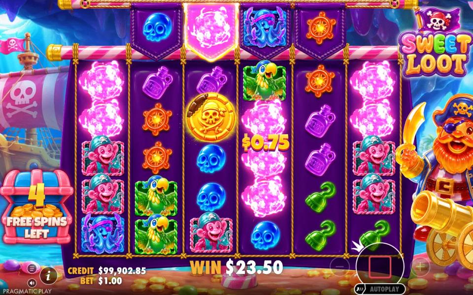 Standard free spins on the pirate ship background, eight crossed swords bursting with one of them in the top row, 4 free spins left
