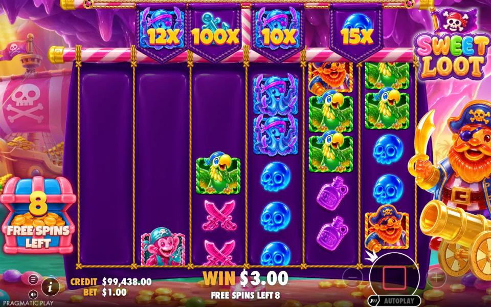 Super Free Spins with all four top-row cells carrying 12x, 100x, 10x and 15x multipliers while the main grid refills, 8 free spins left