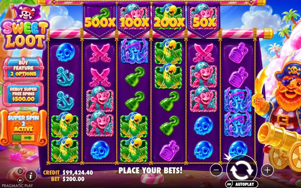Super Spin 2 active at a 200.00 bet, the top row showing 500x, 100x, 200x and 50x multipliers over a board with no winning group