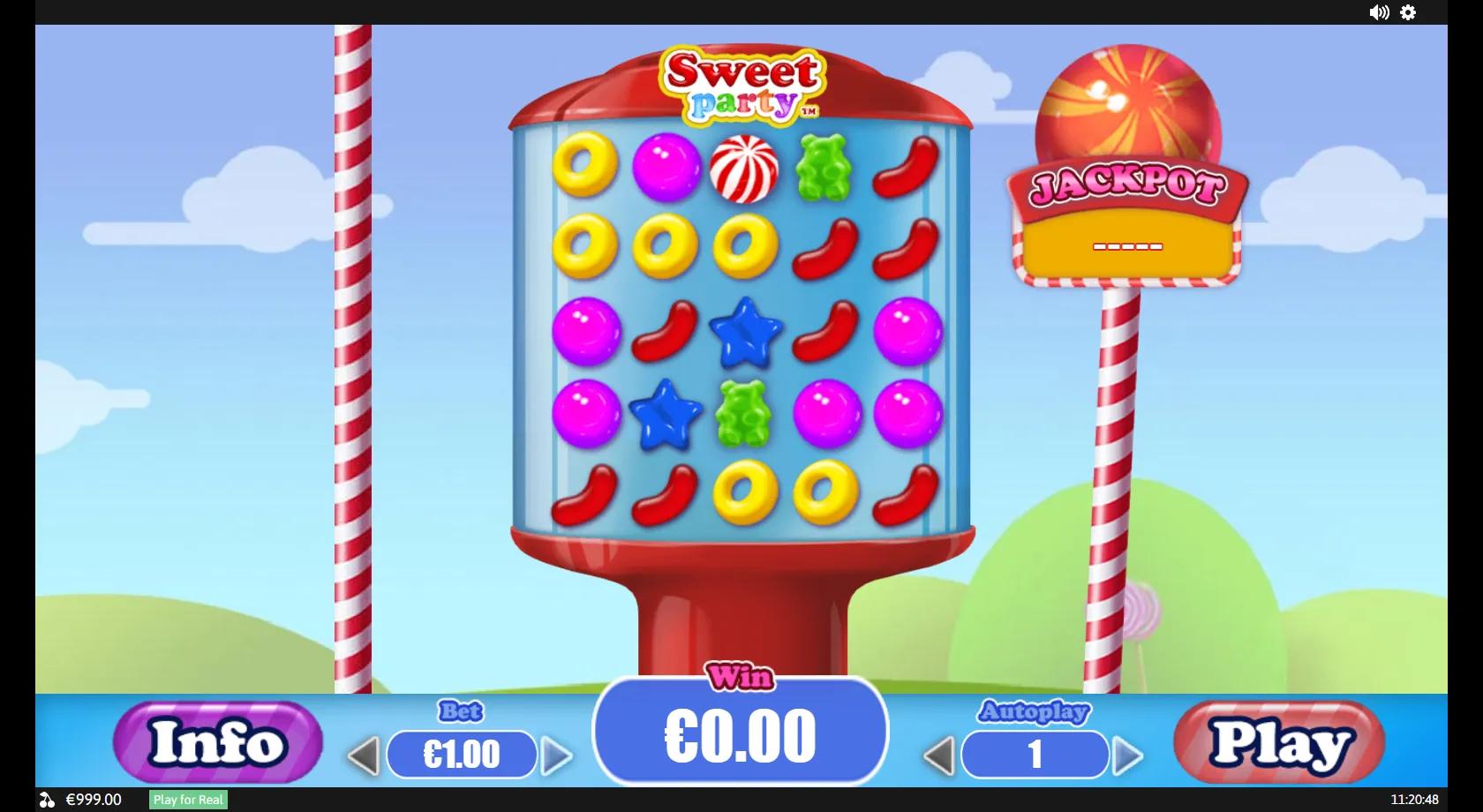 Sweet Party gameplay showing a 5x5 candy dispenser grid with gummy bears, stars, gumballs and jelly beans plus a jackpot sign