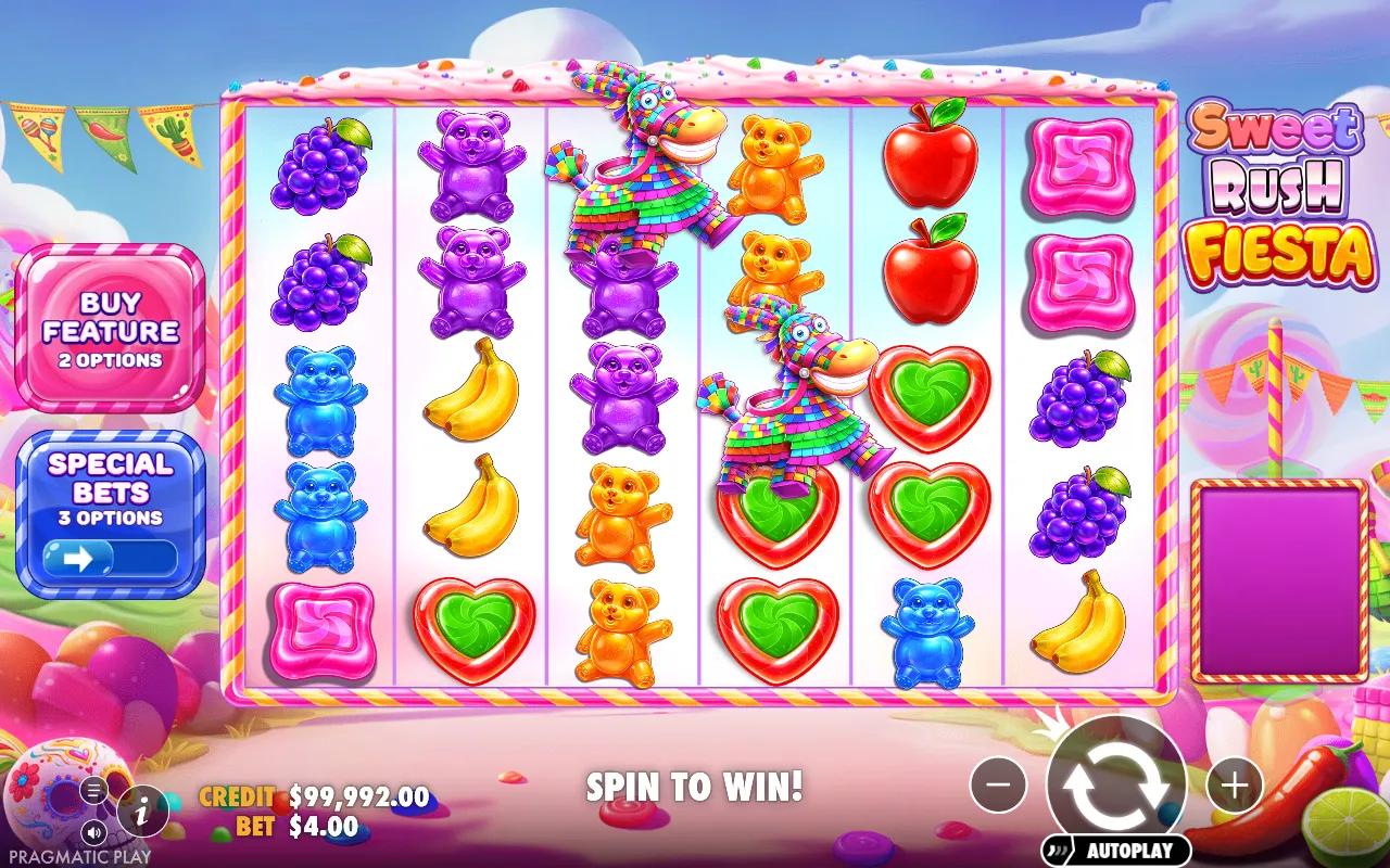 Sweet Rush Fiesta slot 6x5 pay-anywhere grid with two rainbow pinata scatters and gummy bear candy symbols
