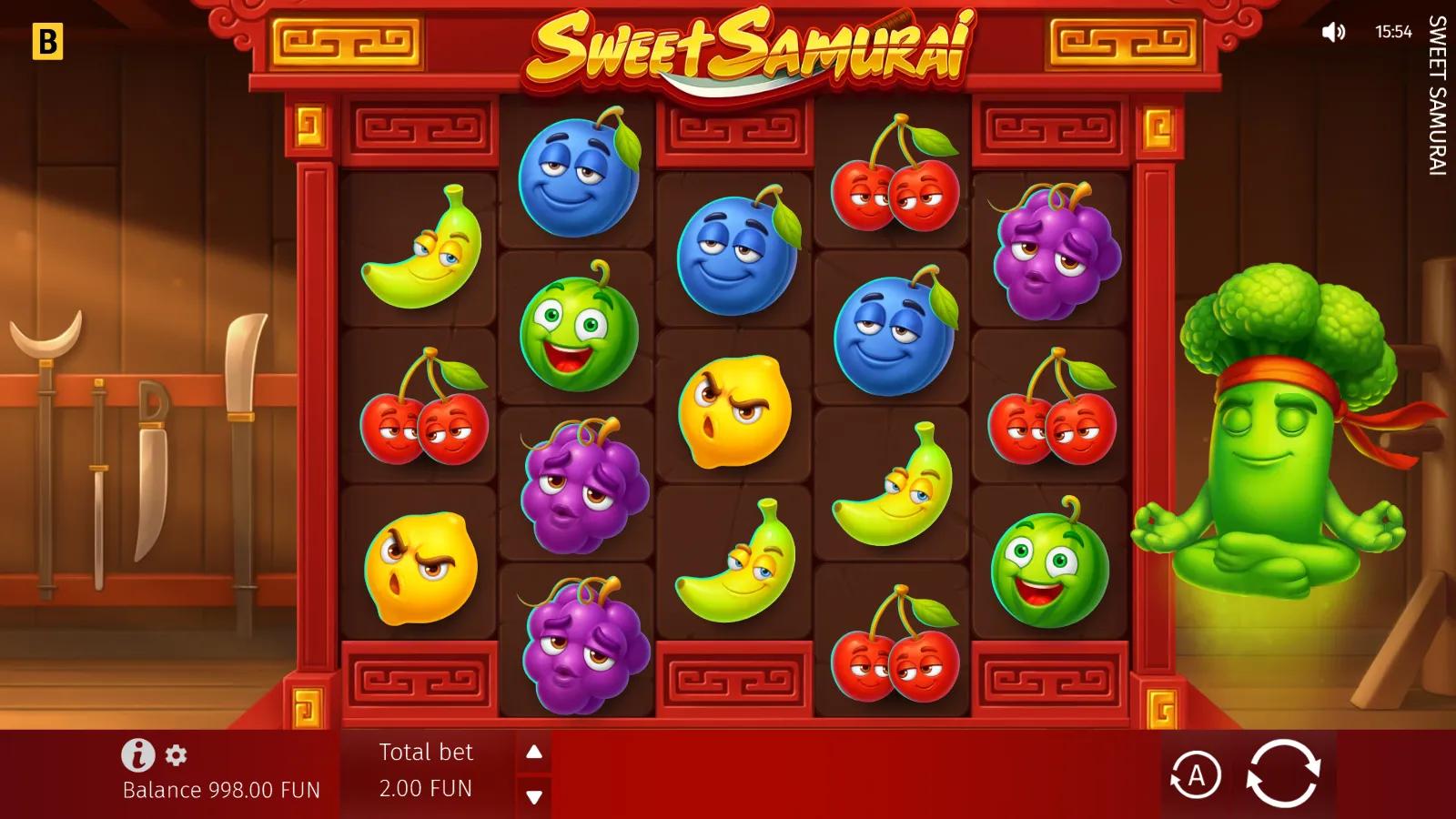 Sweet Samurai slot gameplay showing 3-4-3-4-3 ways grid of cartoon fruit symbols in an Asian dojo frame