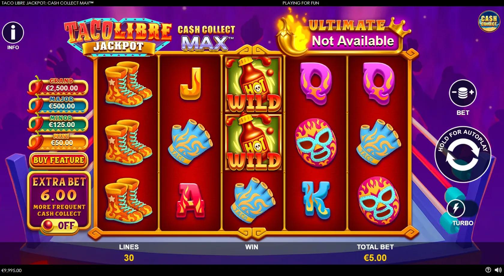 Taco Libre Jackpot slot gameplay showing the 5x3 lucha libre grid with luchador Cash Collect and Hot Wild symbols