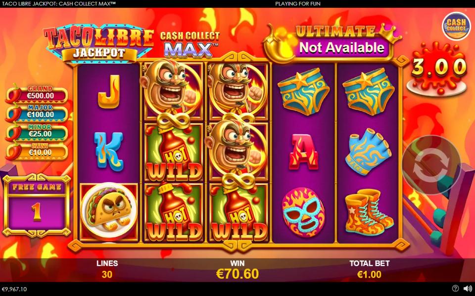 Taco Libre Jackpot: Cash Collect Max free games board with three locked Cash Collect wrestlers on reels 2 and 3, stacked hot sauce wilds and a taco on reel 1