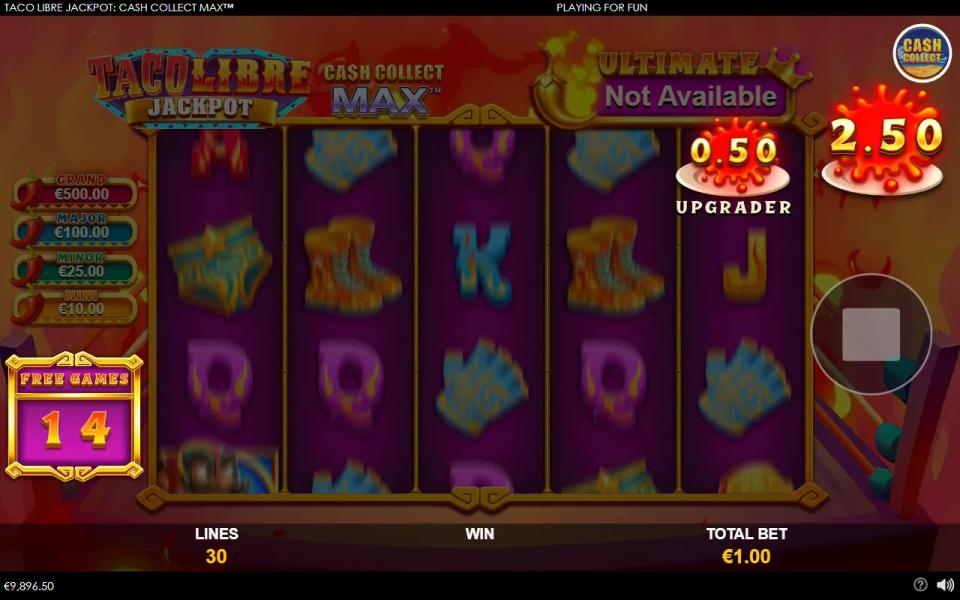 First free game of the bought bonus with the cash upgrader from the taco picks being added to the running total beside the reels