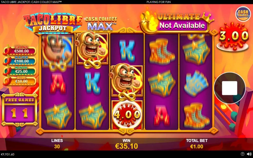 Two locked Cash Collect symbols on reels 2 and 3 in the free games collecting a 4.00 coin, with the 3.00 upgrader total shown on the right