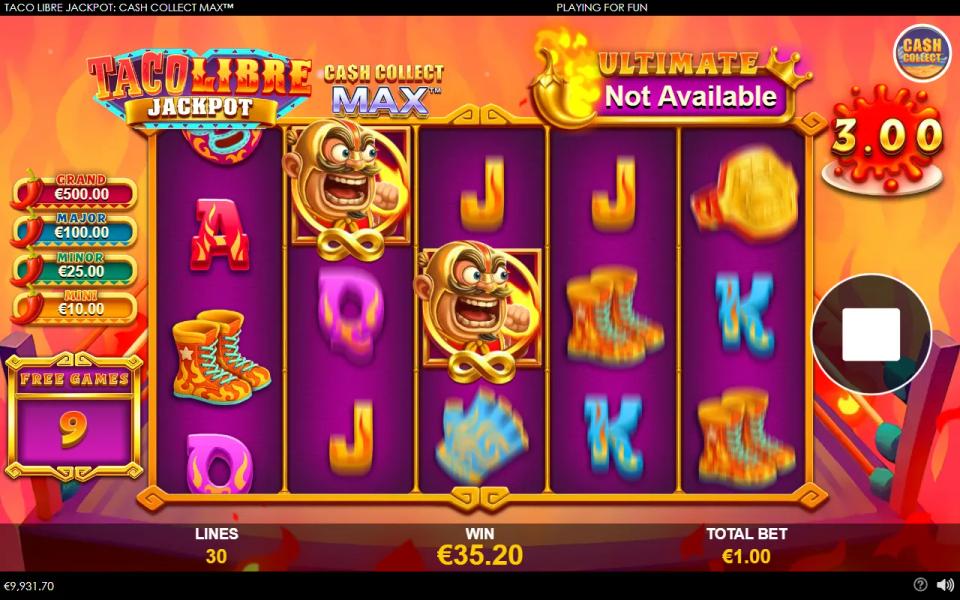 Free games board with two locked Cash Collect symbols and no coin anywhere on the reels