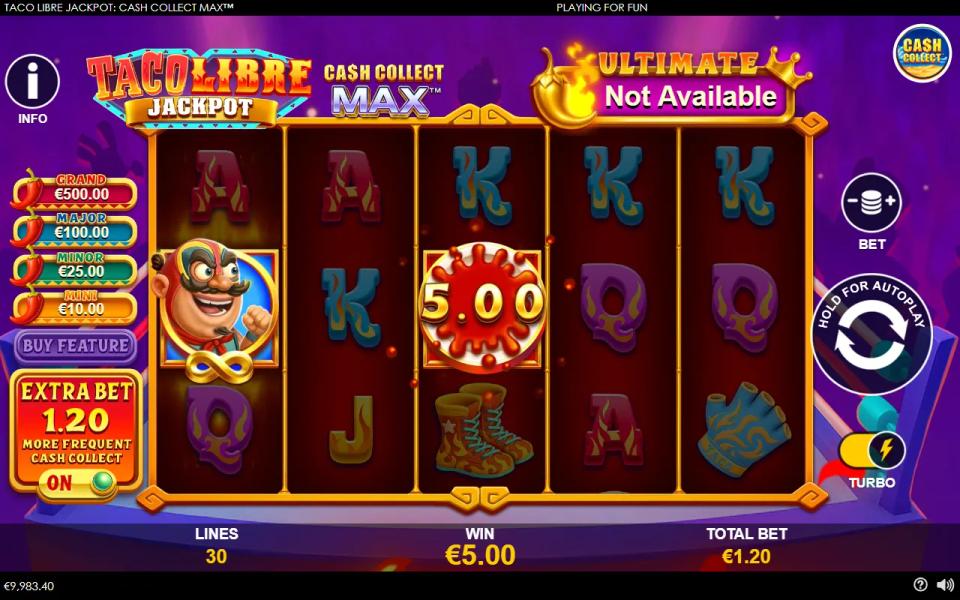Base game with Extra Bet on, a Cash Collect symbol on reel 1 collecting an orange taco coin worth 5.00, Buy Feature greyed out