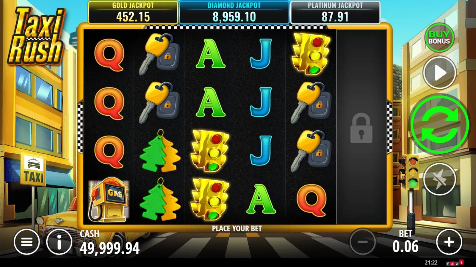 Taxi Rush slot gameplay showing 5x4 city grid with gas pump, traffic light and taxi symbols plus a locked 6th reel