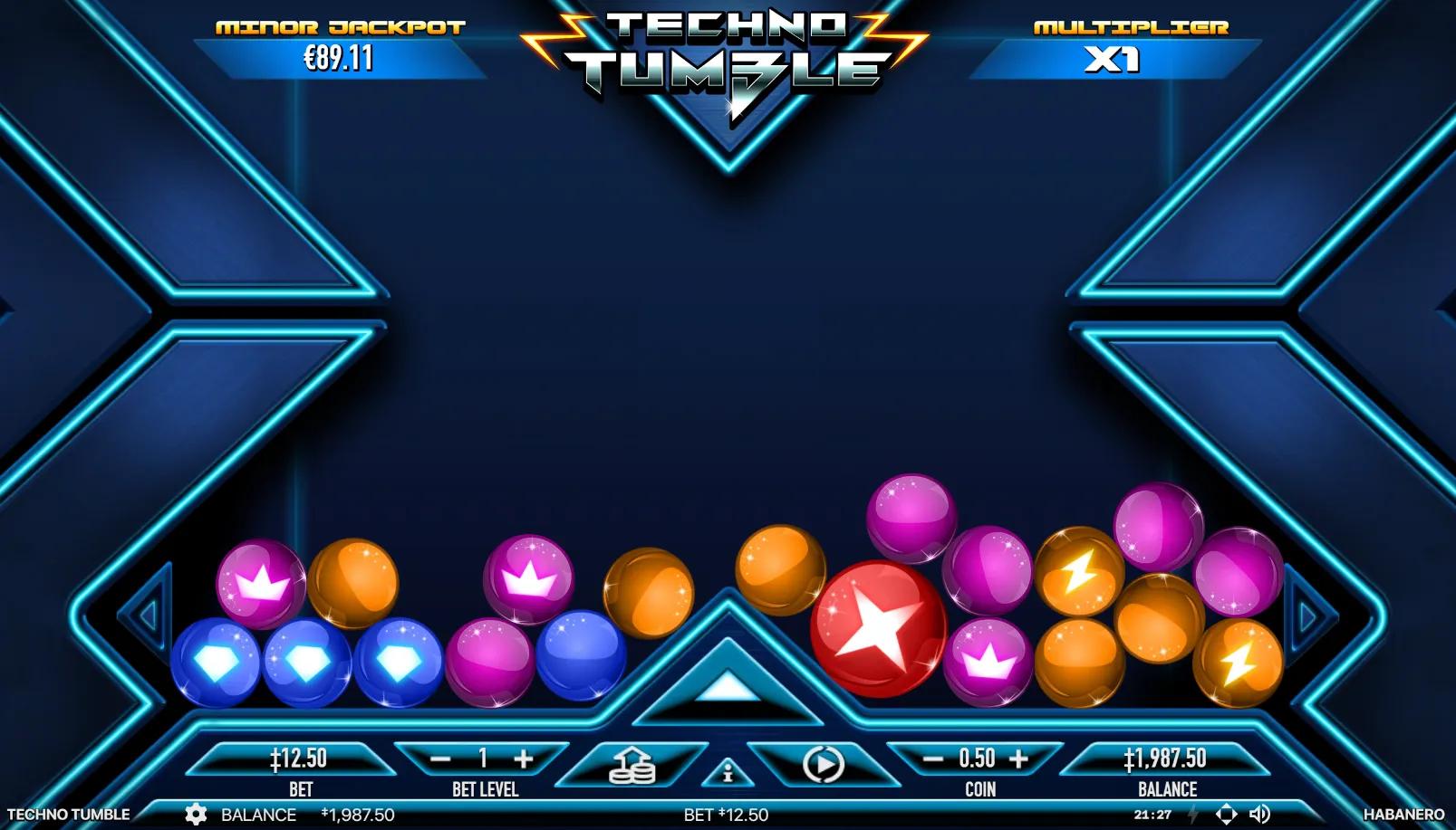 Techno Tumble slot gameplay showing reel-less play area with neon glowing balls in blue, magenta, orange and red on dark cyberpunk backdrop