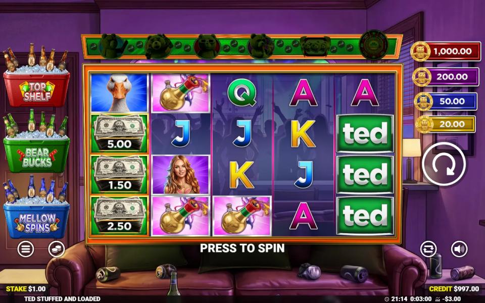 Three cash prize banknote symbols stacked on the first reel of Ted Stuffed and Loaded with no collect symbol in view