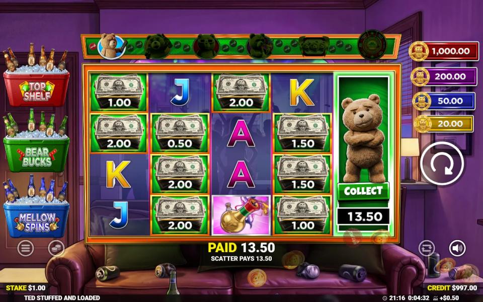 The Ted Stuffed and Loaded collect feature accumulating nine cash prize banknotes across the 5x4 grid onto Ted's plaque
