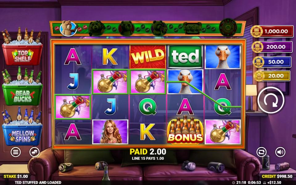 A coloured bonus scatter symbol on the fourth reel of Ted Stuffed and Loaded beside a winning payline