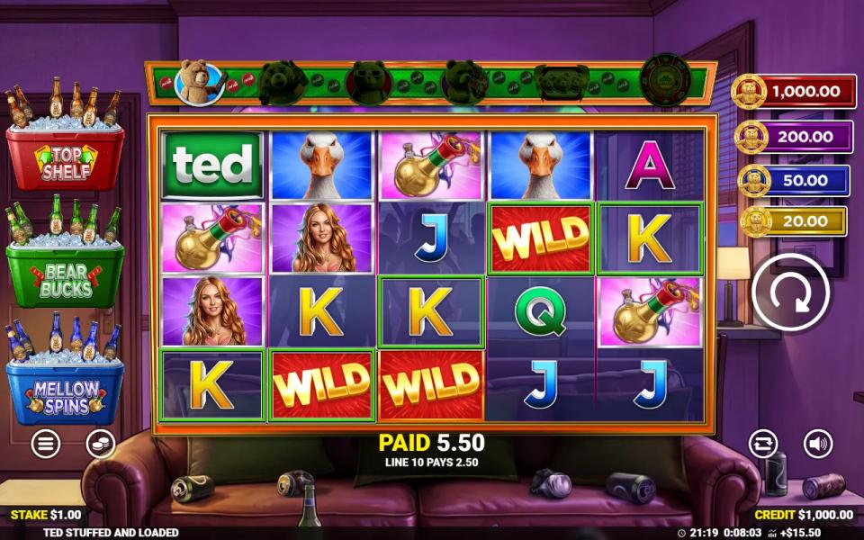 Three red wild tiles on the middle reels of Ted Stuffed and Loaded completing a winning line