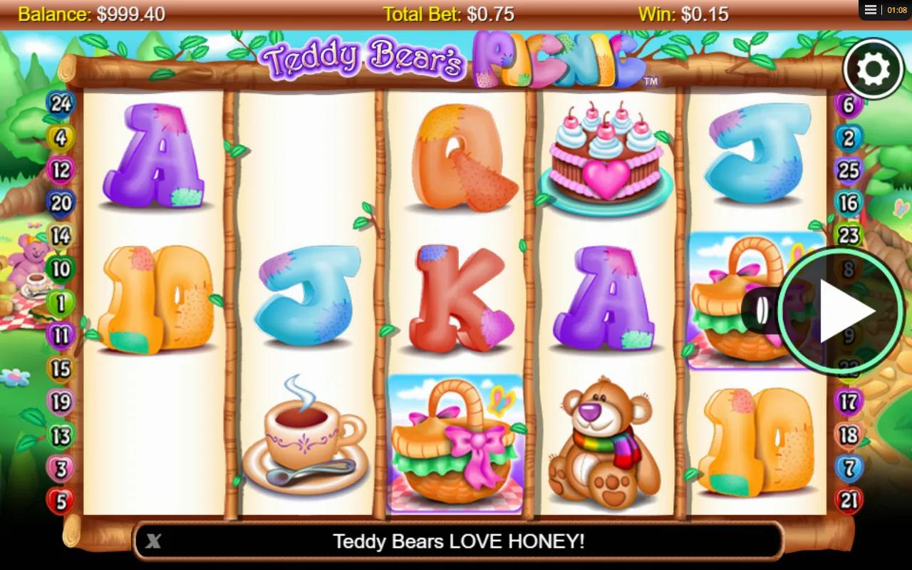 Teddy Bear's Picnic slot gameplay showing 5x3 grid with cake, teddy bears and picnic basket symbols on 25 paylines