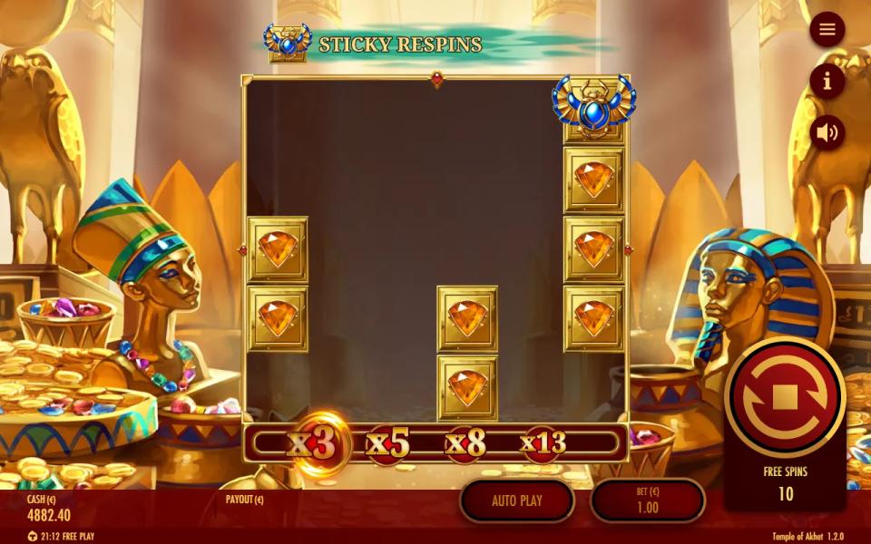 Sticky Respins starting: the board emptied except for locked orange gems and the Golden Scarab Wild on the top right, ladder at x3