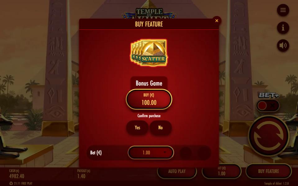 Feature Buy confirm dialog for the Bonus Game at 100 times the 1.00 bet