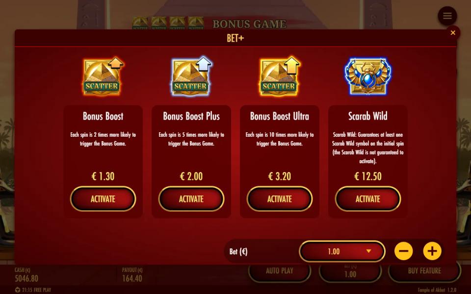 BET+ panel listing Bonus Boost at 1.30, Bonus Boost Plus at 2.00, Bonus Boost Ultra at 3.20 and Scarab Wild at 12.50 on a 1.00 bet