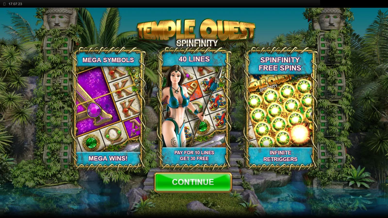 Temple Quest Spinfinity slot intro screen showing Mega Symbols, 40 Lines and Spinfinity Free Spins feature cards