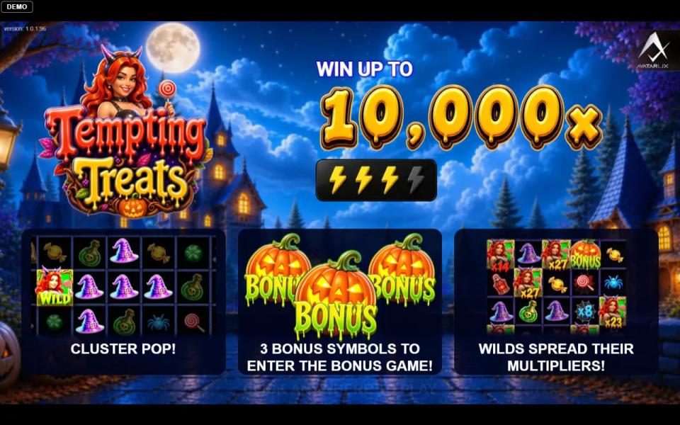 Tempting Treats intro screen showing a 10,000x maximum win and a volatility meter with three of four bolts lit