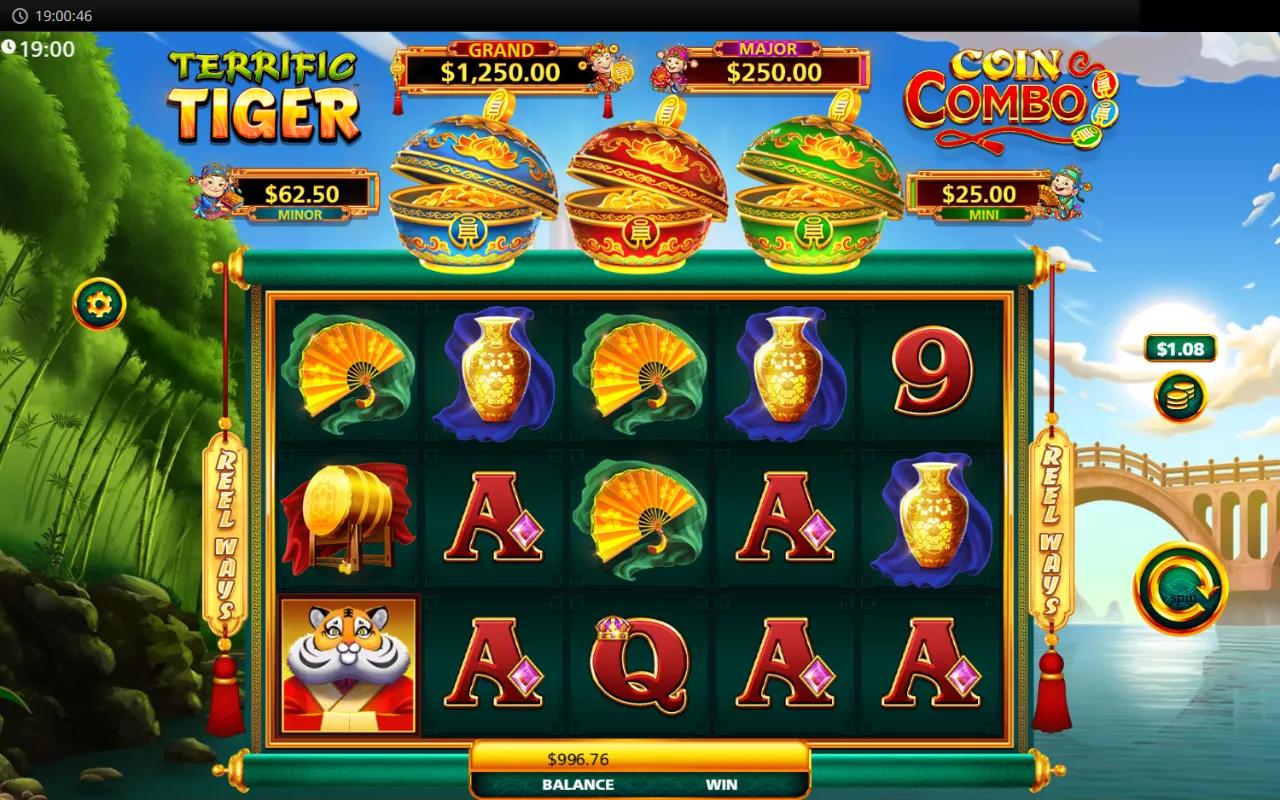Terrific Tiger Coin Combo slot showing 5x3 grid with tiger premium and red/green/blue Element Coin bowls