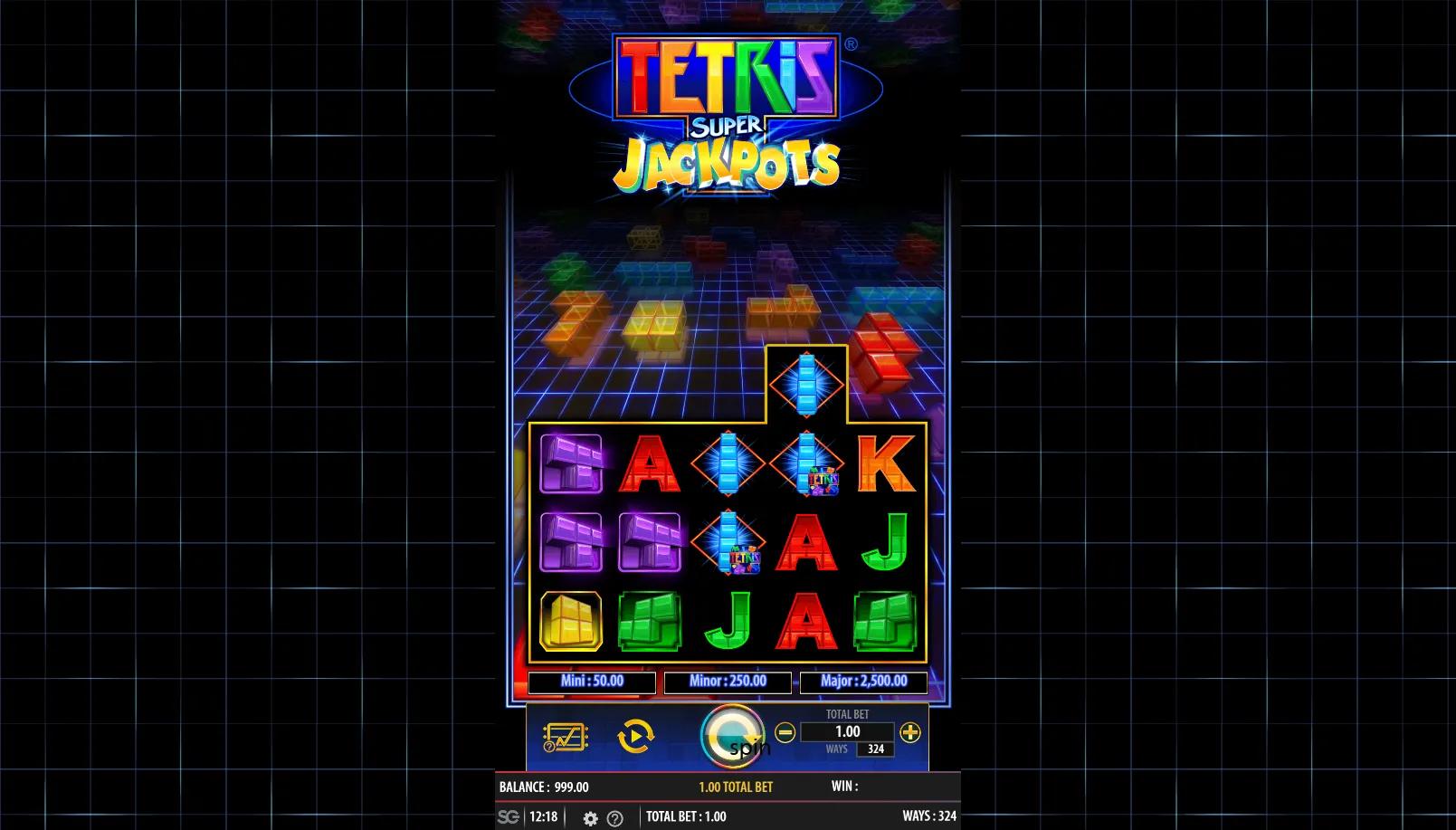 Tetris Super Jackpots gameplay showing the 5x3 neon grid expanded by the Tetrimino feature with Tetris block symbols