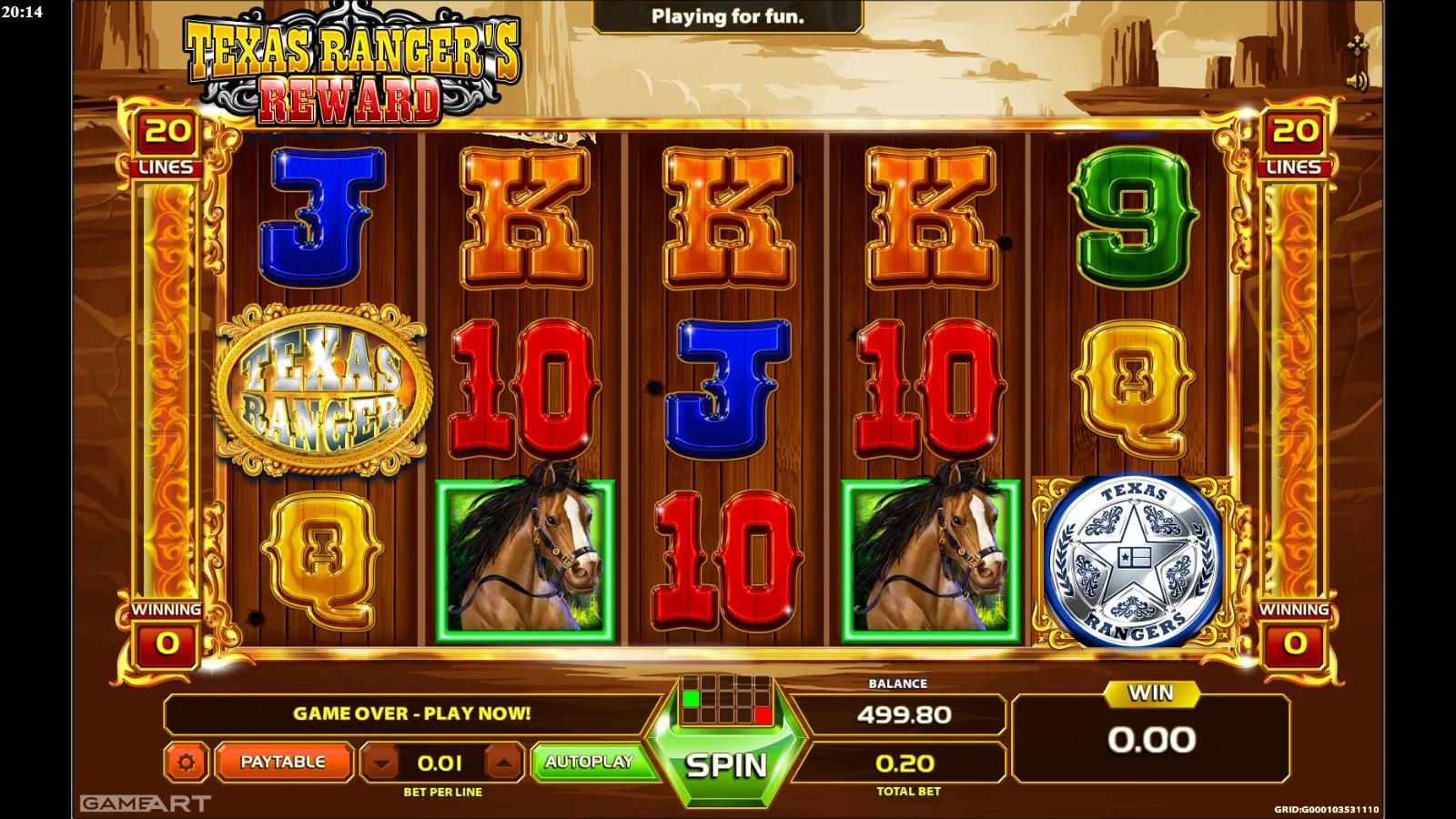 Texas Ranger's Reward slot gameplay showing the 5x3 Wild West grid with a saloon girl, cowboy, horse, revolvers and ranger badge across 20 lines