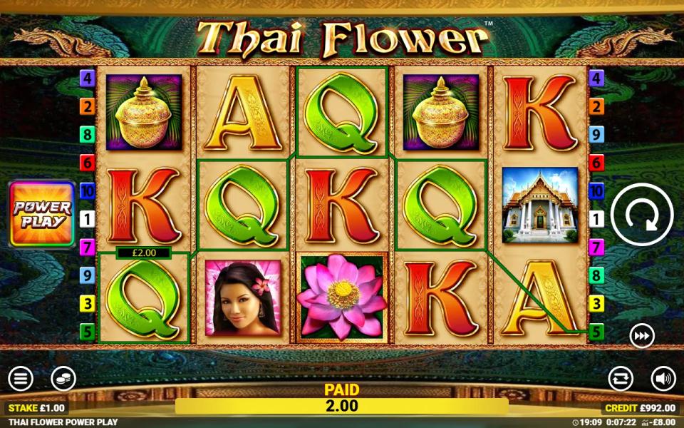 Thai Flower Power Play base game on a 5x3 board with 10 numbered lines, four green Queens paying 2x the stake along one line and a pink lotus on reel 3