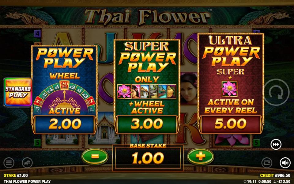 Power Play menu showing Power Play at 2.00, Super Power Play at 3.00 and Ultra Power Play at 5.00 against a 1.00 base stake
