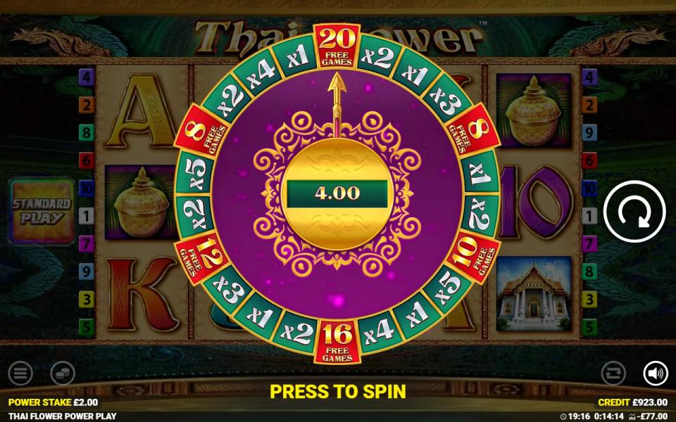 Power Play Wheel over the reels holding a 4.00 win in its centre, with x1 to x5 multiplier segments and 8, 10, 12, 16 and 20 free games segments