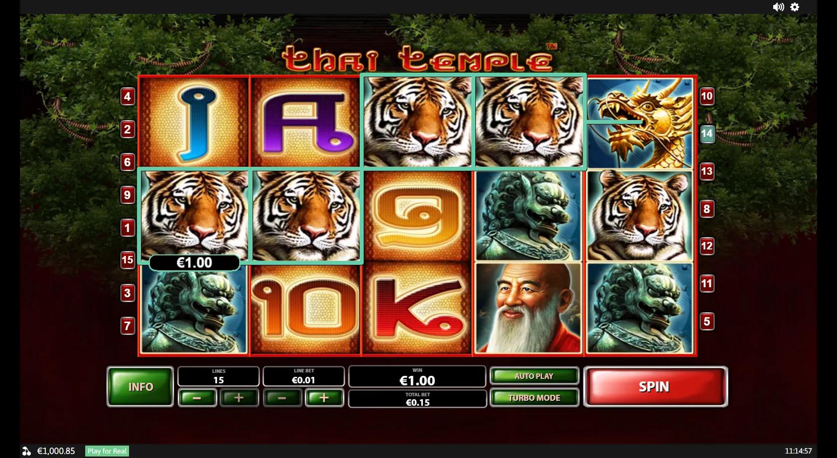 Thai Temple gameplay showing a 5x3 reel set with a Thai monk, tiger, golden dragon and a temple wild symbol